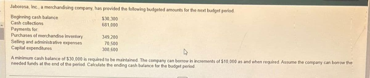 Jaborosa, Inc., a merchandising company, has provided the following budgeted amounts for the next budget period.
Beginning cash balance
$30,300
Cash collections
681,000
Payments for
Purchases of merchandise inventory
349,200
Selling and administrative expenses
70,500
Capital expenditures
308,600
A minimum cash balance of $30,000 is required to be maintained. The company can borrow in increments of $10,000 as and when required. Assume the company can borrow the
needed funds at the end of the period Calculate the ending cash balance for the budget period.