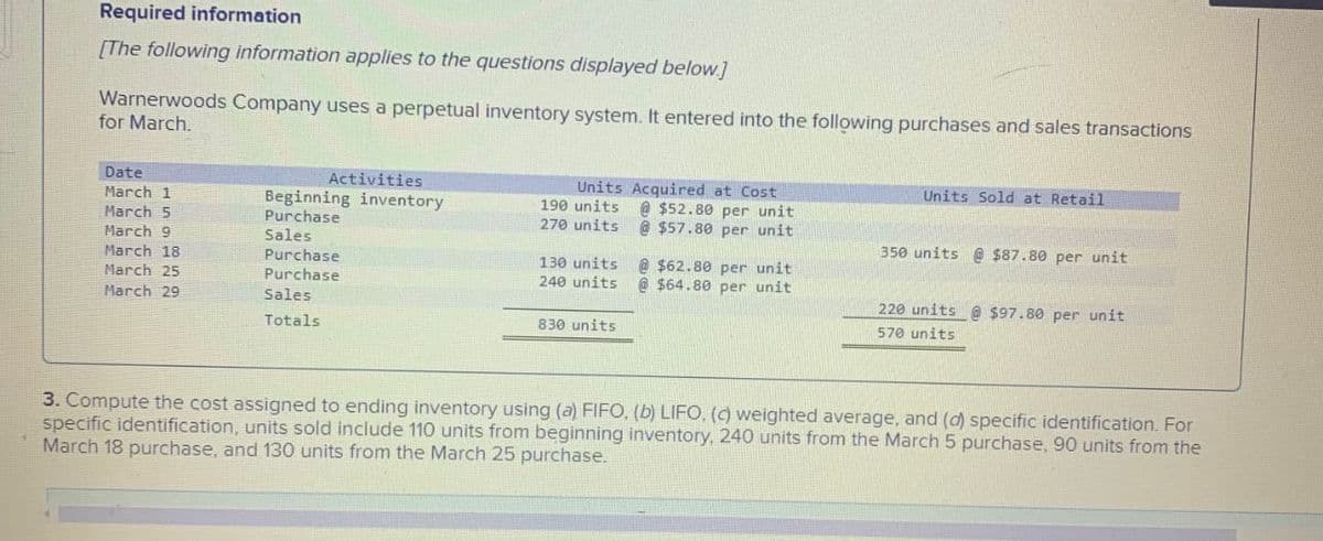 Required information
[The following information applies to the questions displayed below.]
Warnerwoods Company uses a perpetual inventory system. It entered into the following purchases and sales transactions
for March.
Date
March 1
March 5
Activities
Beginning inventory
Purchase
Units Acquired at Cost
Units Sold at Retail
190 units
270 units
@ $52.80 per unit
@$57.80 per unit
March 9
Sales
350 units @ $87.80 per unit
March 18
March 25
March 29
Purchase
Purchase
Sales
130 units
240 units
@ $62.80 per unit
@ $64.80 per unit
Totals
830 units
220 units @$97.80 per unit
570 units
3. Compute the cost assigned to ending inventory using (a) FIFO, (b) LIFO, (c) weighted average, and (d) specific identification. For
specific identification, units sold include 110 units from beginning inventory, 240 units from the March 5 purchase, 90 units from the
March 18 purchase, and 130 units from the March 25 purchase.