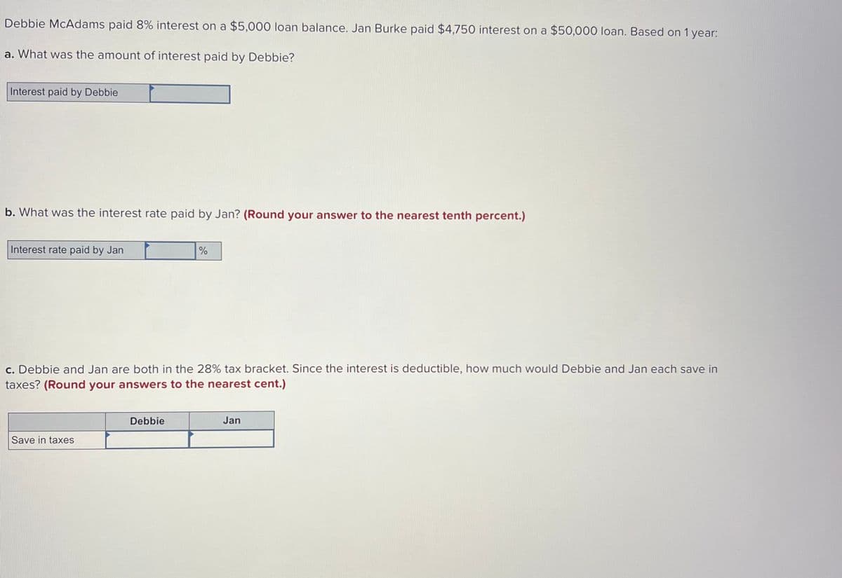 Debbie McAdams paid 8% interest on a $5,000 loan balance. Jan Burke paid $4,750 interest on a $50,000 loan. Based on 1 year:
a. What was the amount of interest paid by Debbie?
Interest paid by Debbie
b. What was the interest rate paid by Jan? (Round your answer to the nearest tenth percent.)
Interest rate paid by Jan
c. Debbie and Jan are both in the 28% tax bracket. Since the interest is deductible, how much would Debbie and Jan each save in
taxes? (Round your answers to the nearest cent.)
Save in taxes
%
Debbie
Jan