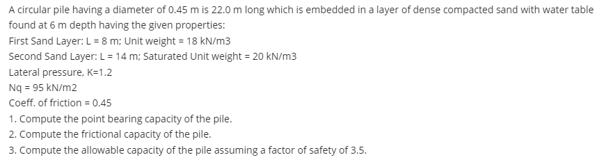 A circular pile having a diameter of 0.45 m is 22.0 m long which is embedded in a layer of dense compacted sand with water table
found at 6 m depth having the given properties:
First Sand Layer: L = 8 m; Unit weight = 18 kN/m3
Second Sand Layer: L = 14 m; Saturated Unit weight = 20 kN/m3
Lateral pressure, K=1.2
Nq = 95 kN/m2
Coeff. of friction = 0.45
1. Compute the point bearing capacity of the pile.
2. Compute the frictional capacity of the pile.
3. Compute the allowable capacity of the pile assuming a factor of safety of 3.5.
