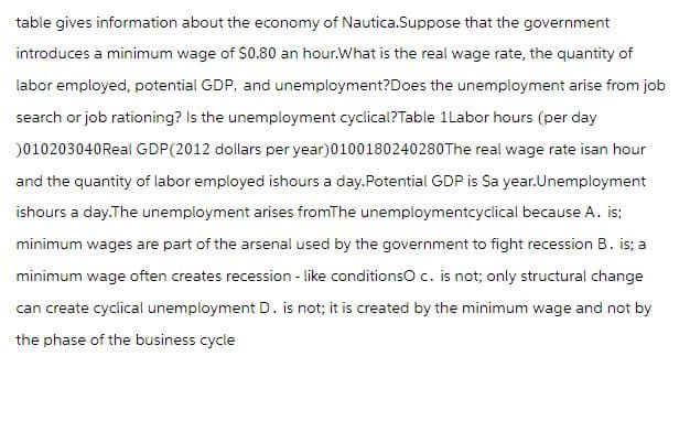 table gives information about the economy of Nautica. Suppose that the government
introduces a minimum wage of $0.80 an hour.What is the real wage rate, the quantity of
labor employed, potential GDP, and unemployment? Does the unemployment arise from job
search or job rationing? Is the unemployment cyclical?Table 1 Labor hours (per day
)010203040 Real GDP (2012 dollars per year)0100180240280 The real wage rate isan hour
and the quantity of labor employed ishours a day.Potential GDP is $a year.Unemployment
ishours a day.The unemployment arises fromThe unemploymentcyclical because A. is;
minimum wages are part of the arsenal used by the government to fight recession B. is; a
minimum wage often creates recession-like conditionsO c. is not; only structural change
can create cyclical unemployment D. is not; it is created by the minimum wage and not by
the phase of the business cycle