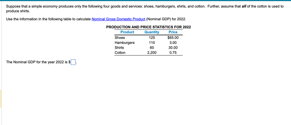 Suppose that a simple economy produces only the following four goods and services: shoes, hamburgers, shirts, and cotton. Further, assume that all of the cotton is used to
produce shirts.
Use the information in the following table to calculate Nominal Gross Domestic Product (Nominal GDP) for 2022.
PRODUCTION AND PRICE STATISTICS FOR 2022
Price
$65.00
3.00
30.00
0.75
The Nominal GDP for the year 2022 is $
Product
Shoes
Hamburgers
Shirts
Cotton
Quantity
125
110
60
2,200