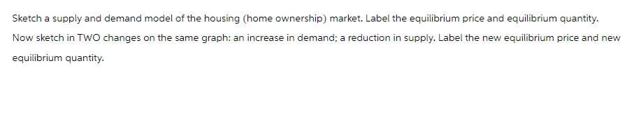 Sketch a supply and demand model of the housing (home ownership) market. Label the equilibrium price and equilibrium quantity.
Now sketch in TWO changes on the same graph: an increase in demand; a reduction in supply. Label the new equilibrium price and new
equilibrium quantity.