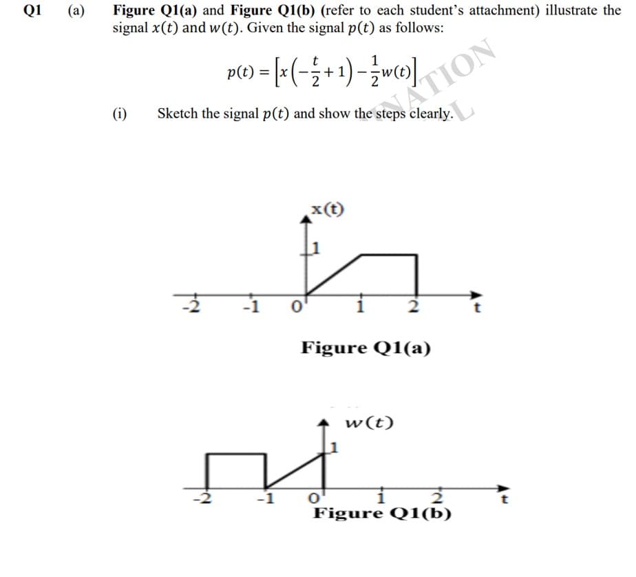 Q1
(a)
Figure Q1(a) and Figure Q1(b) (refer to each student's attachment) illustrate the
signal x(t) and w(t). Given the signal p(t) as follows:
p(1) = |=(-;+1)-wo]
(i)
Sketch the signal p(t) and show the steps clearly.
WATION
x(t)
-1
t
Figure Q1(a)
w(t)
Figure Q1(b)
