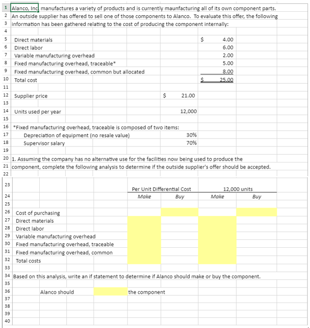 1 Alanco, Ind manufactures a variety of products and is currently maunfacturing all of its own component parts.
2 An outside supplier has offered to sell one of those components to Alanco. To evaluate this offer, the following
3 information has been gathered relating to the cost of producing the component internally:
4
5 Direct materials
6 Direct labor
7 Variable manufacturing overhead
8 Fixed manufacturing overhead, traceable*
9 Fixed manufacturing overhead, common but allocated
10 Total cost
$
4.00
6.00
2.00
5.00
8.00
25.00
11
12 Supplier price
21.00
13
14 Units used per year
12,000
15
16 *Fixed manufacturing overhead, traceable is composed of two items:
17
30%
Depreciation of equipment (no resale value)
Supervisor salary
18
70%
19
20 1. Assuming the company has no alternative use for the facilities now being used to produce the
21 component, complete the following analysis to determine if the outside supplier's offer should be accepted.
22
23
Per Unit Differential Cost
12,000 units
24
Make
Buy
Make
Buy
25
26 Cost of purchasing
27 Direct materials
28 Direct labor
29 Variable manufacturing overhead
30 Fixed manufacturing overhead, traceable
31 Fixed manufacturing overhead, common
32 Total costs
33
34 Based on this analysis, write an if statement to determine if Alanco should make or buy the component.
35
36
Alanco should
the component
37
38
39
40
