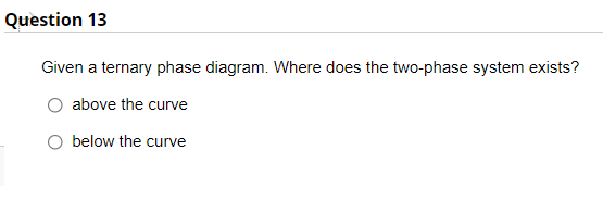 Question 13
Given a ternary phase diagram. Where does the two-phase system exists?
above the curve
below the curve