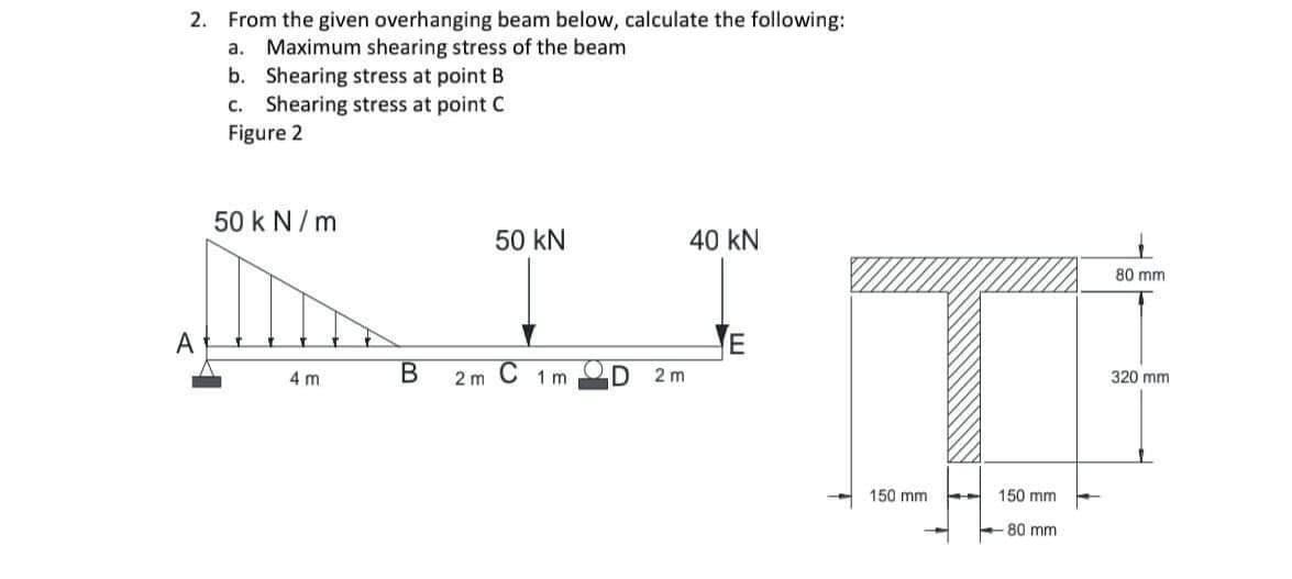 2. From the given overhanging beam below, calculate the following:
Maximum shearing stress of the beam
b. Shearing stress at point B
c. Shearing stress at point C
Figure 2
а.
50 k N/ m
50 kN
40 kN
80 mm
A
В
C
1 m
D
2 m
4 m
2 m
320 mm
150 mm
150 mm
80 mm
