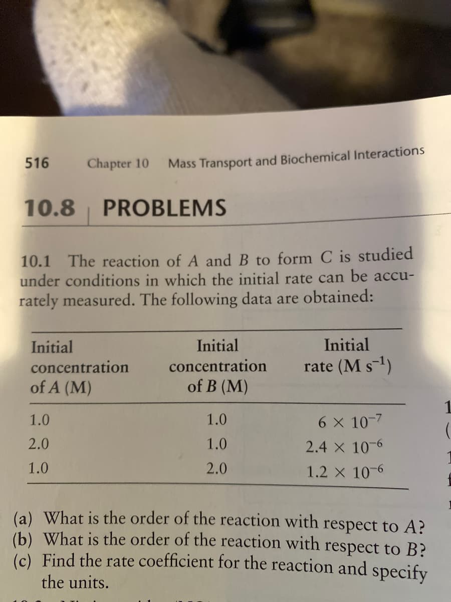 516
Chapter 10
Mass Transport and Biochemical Interactions
10.8
PROBLEMS
10.1 The reaction of A and B to form C is studied
under conditions in which the initial rate can be accu-
rately measured. The following data are obtained:
Initial
Initial
Initial
concentration
concentration
rate (M s)
of A (M)
of B (M)
1
1.0
1.0
6 X 10-7
2.0
1.0
2.4 X 10-6
1
1.0
2.0
1.2 x 10-6
(a) What is the order of the reaction with respect to A?
(b) What is the order of the reaction with respect to B?
(c) Find the rate coefficient for the reaction and specify
the units.
