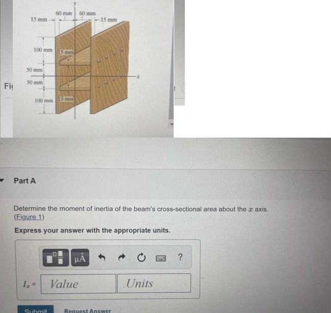 Fig
15 mm
100 mm
50 mm
50 mm
100 mm
Part A
I₂ =
60 mm 60 mm
Submit
15 mm)
15 mm
Determine the moment of inertia of the beam's cross-sectional area about the z axis.
(Figure 1)
Express your answer with the appropriate units.
μÃ
-15 mm
Value
Request Answer
Units
?