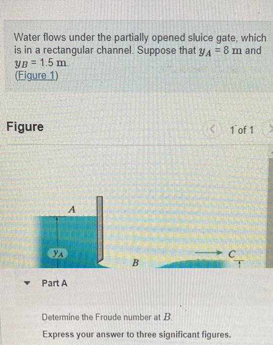 Water flows under the partially opened sluice gate, which
is in a rectangular channel. Suppose that yA = 8 m and
YB = 1.5 m.
(Figure 1)
Figure
▼
УА
Part A
A
B
1 of 1
C
Determine the Froude number at B
Express your answer to three significant figures.
T