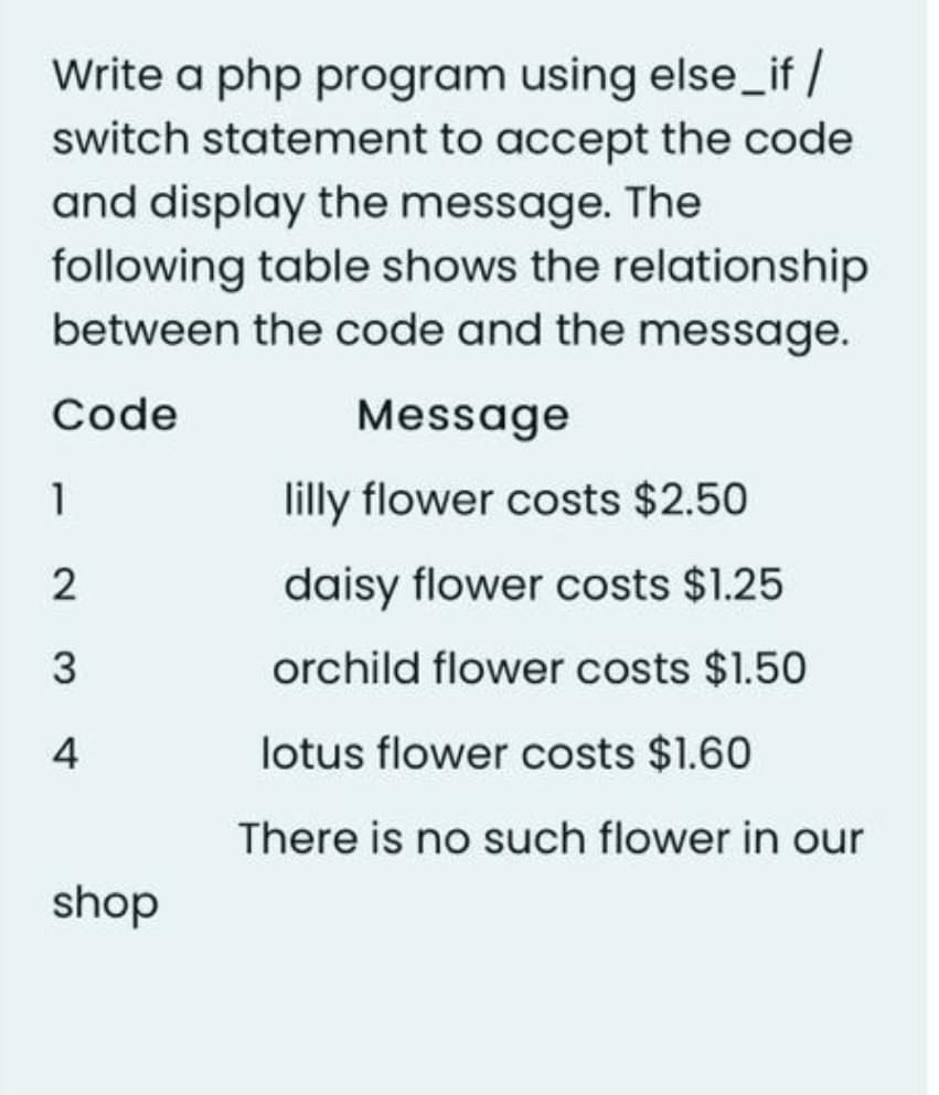 Write a php program using else_if
switch statement to accept the code
and display the message. The
following table shows the relationship
between the code and the message.
Code
Message
1
lilly flower costs $2.50
2
daisy flower costs $1.25
3
orchild flower costs $1.50
4
lotus flower costs $1.60
There is no such flower in our
shop
