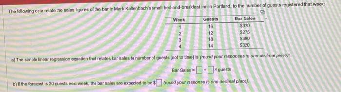 The following data relate the sales figures of the bar in Mark Kaltenbach's small bed-and-breakfast inn in Portland, to the number of guests registered that week:
Week
Guests
Bar Sales
16
$320
$275
6268
12
18
$390
14
$320
a) The simple linear regression equation that relates bar sales to number of guests (not to time) is (round your responses to one decimal place):
Bar Salesx guests
b) If the forecast is 20 guests next week, the bar sales are expected to be $ (round your response to one decimal place).