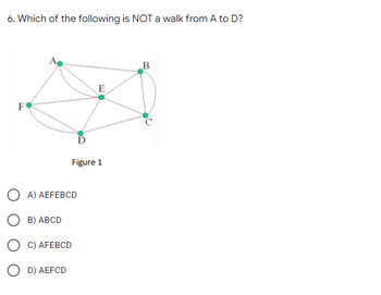 6. Which of the following is NOT a walk from A to D?
B
E
F
Figure 1
A) AEFEBCD
B) ABCD
C) AFEBCD
OD) AEFCD