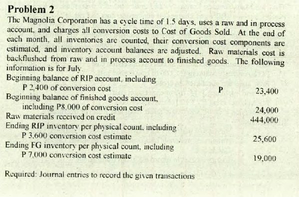 Problem 2
The Magnolia Corporation has a cycle time of 1.5 days, uses a raw and in process
account, and charges all conversion costs to Cost of Goods Sold. At the end of
each month, all inventories are counted, their conversion cost components are
estimated, and inventory account balances are adjusted. Raw materials cost is
backflushed from raw and in process account to finished goods. The following
information is for July
Beginning balance of RIP account, including
P 2,400 of conversion cost
Beginning balance of finished goods account,
including P8.000 of conversion cost
Raw materials received on credit
Ending RIP inventory per physical count, including
P 3,600 conversion cost estimate
Ending FG inventory per physical count, including
P 7,000 conversion cost estimate
P
23,400
24,000
444,000
25,600
19,000
Required: Journal entries to record the given transactions
