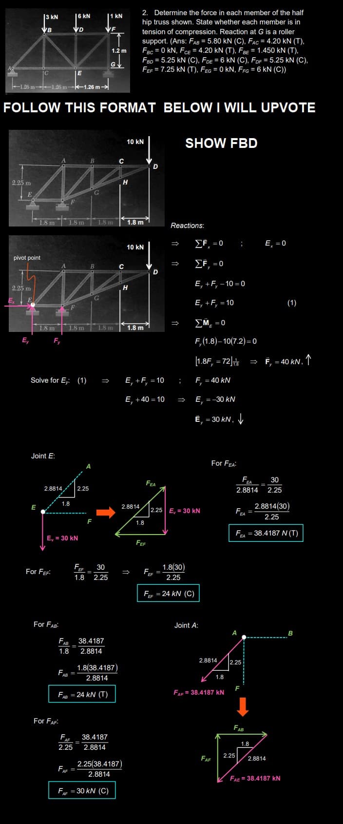 Ao
2.25 m
E
pivot point
2.25 m
Ex E
3 KN
1.26 m-1.26 m-1.26 m
Ey
VB
C
E
1.8 m
FOLLOW THIS FORMAT BELOW I WILL UPVOTE
1.8 m
Fy
Joint E:
For FEF:
VD
Solve for Ey: (1)
For FAB:
6 kN
E
1.8 m
2.8814, 2.25
1.8
E₁, = 30 kN
For FAF:
FAB =
B
B
1.8 m 1.8 m
4
FAF =
FEF 30
1.8 2.25
FAB
38.4187
1.8 2.8814
VF
=
1 kN
1.8 m
FAB = 24 KN (T)
↑
1.2 m
FAF 38.4187
2.25
2.8814
G
1.8(38.4187)
2.8814
FAF = 30 KN (C)
с
H
C
2. Determine the force in each member of the half
hip truss shown. State whether each member is in
tension of compression. Reaction at G is a roller
support. (Ans: FAB = 5.80 KN (C), FAC = 4.20 KN (T),
FBC = 0 KN, FCE = 4.20 KN (T), FBE = 1.450 KN (T),
FBD = 5.25 KN (C), FDE = 6 KN (C), FDF = 5.25 KN (C),
FEF = 7.25 KN (T), FEG = 0 KN, FFG = 6 KN (C))
10 kN
2.25(38.4187)
2.8814
1.8 m
H
10 kN
1.8 m
2.8814,
E₁ +F₁ = 10
E, +40 = 10
1.8
D
D
FEF
FEA
Reactions:
→
FEF=
SHOW FBD
→
ΣΕ
= 0
ΣΕ = 0
2.25 E,= 30 kN
E, +F, -10=0
E, +F, = 10
ΣΜ = 0
F,(1.8)-10(7.2)=0
[1.8F, = 72]
F, = 40 KN
E = -30 KN
E, = 30 kN,↓↓
1.8(30)
2.25
FEF = 24 KN (C)
Joint A:
For FEA:
2.8814
1.8
FAE = 38.4187 kN
FAF
;
A
30
2.8814 2.25
2.8814(30)
2.25
F = 38.4187 N (T)
EA
2.25
2.25
F
FAR
E, = 0
→ F, = 40 kN, 1
1.8
(1)
2.8814
FAE38.4187 kN
B