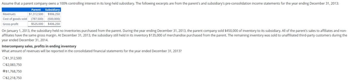 Assume that a parent company owns a 100% controlling interest in its long-held subsidiary. The following excerpts are from the parent's and subsidiary's pre-consolidation income statements for the year ending December 31, 2013:
Parent Subsidiary
Revenues
$1,312,500 $906,250
Cost of goods sold (787,500) (500,000)
Gross profit
$525,000
$406,250
On January 1, 2013, the subsidiary held no inventories purchased from the parent. During the year ending December 31, 2013, the parent company sold $450,000 of inventory to its subsidiary. All of the parent's sales to affiliates and non-
affiliates have the same gross margin. At December 31, 2013, the subsidiary still held in its inventory $135,000 of merchandise purchased from the parent. The remaining inventory was sold to unaffiliated third-party customers during the
year ended December 31, 2014.
Intercompany sales, profits in ending inventory
What amount of revenues will be reported in the consolidated financial statements for the year ended December 31, 2013?
O$1,312,500
O$2,083,750
Ⓒ$1,768,750
O$2,218,750