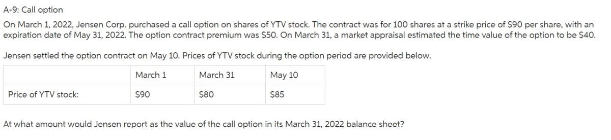 A-9: Call option
On March 1, 2022, Jensen Corp. purchased a call option on shares of YTV stock. The contract was for 100 shares at a strike price of $90 per share, with an
expiration date of May 31, 2022. The option contract premium was $50. On March 31, a market appraisal estimated the time value of the option to be $40.
Jensen settled the option contract on May 10. Prices of YTV stock during the option period are provided below.
March 1
May 10
$85
Price of YTV stock:
$90
March 31
$80
At what amount would Jensen report as the value of the call option in its March 31, 2022 balance sheet?