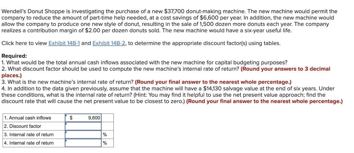 Wendell's Donut Shoppe is investigating the purchase of a new $37,700 donut-making machine. The new machine would permit the
company to reduce the amount of part-time help needed, at a cost savings of $6,600 per year. In addition, the new machine would
allow the company to produce one new style of donut, resulting in the sale of 1,500 dozen more donuts each year. The company
realizes a contribution margin of $2.00 per dozen donuts sold. The new machine would have a six-year useful life.
Click here to view Exhibit 14B-1 and Exhibit 14B-2, to determine the appropriate discount factor(s) using tables.
Required:
1. What would be the total annual cash inflows associated with the new machine for capital budgeting purposes?
2. What discount factor should be used to compute the new machine's internal rate of return? (Round your answers to 3 decimal
places.)
3. What is the new machine's internal rate of return? (Round your final answer to the nearest whole percentage.)
4. In addition to the data given previously, assume that the machine will have a $14,130 salvage value at the end of six years. Under
these conditions, what is the internal rate of return? (Hint: You may find it helpful to use the net present value approach; find the
discount rate that will cause the net present value to be closest to zero.) (Round your final answer to the nearest whole percentage.)
1. Annual cash inflows
2. Discount factor
3. Internal rate of return
4. Internal rate of return
$
9,600
%
%