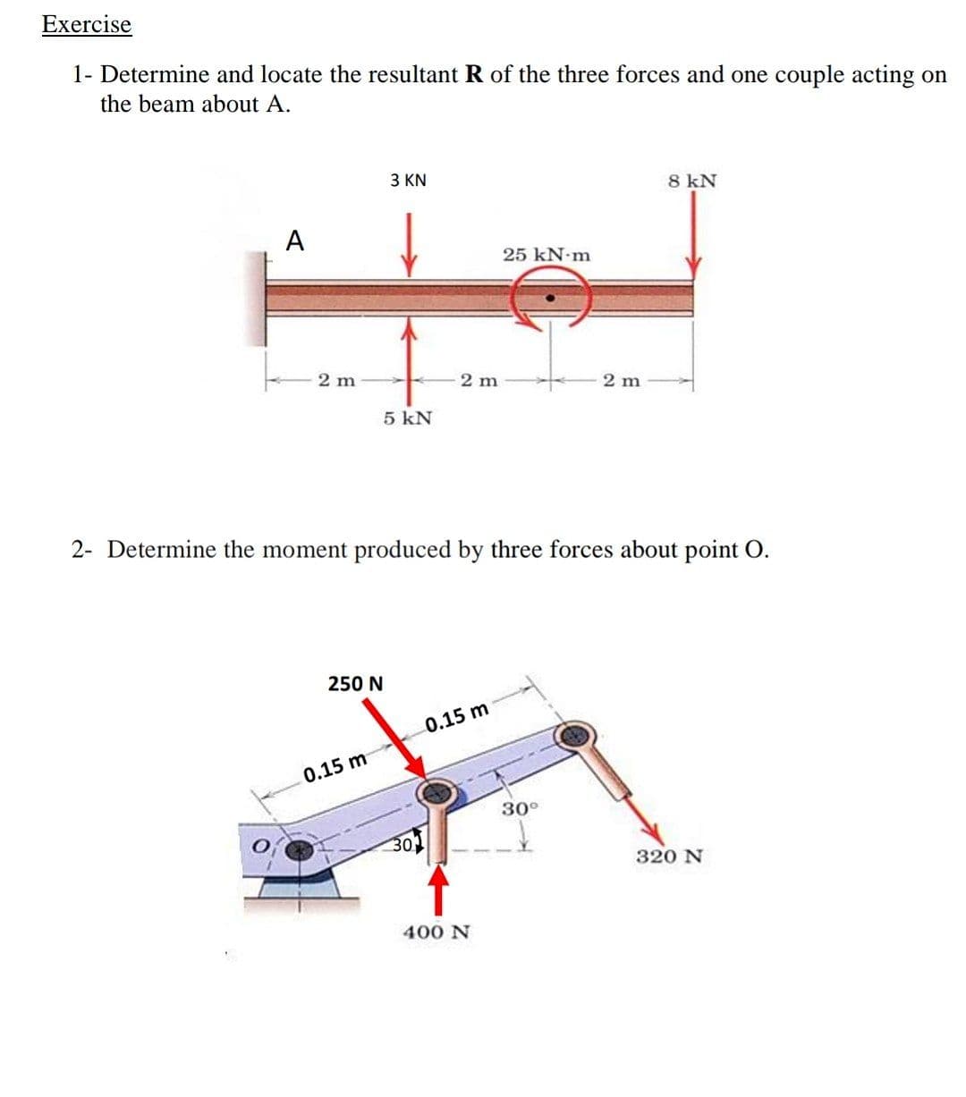 Exercise
1- Determine and locate the resultant R of the three forces and one couple acting on
the beam about A.
3 KN
8 kN
A
25 kN.m
2 m
2 m
2 m
5 kN
2- Determine the moment produced by three forces about point O.
250 N
0.15 m
0.15 m
30°
320 N
400 N
