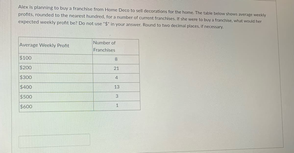 Alex is planning to buy a franchise from Home Deco to sell decorations for the home. The table below shows average weekly
profits, rounded to the nearest hundred, for a number of current franchises. If she were to buy a franchise, what would her
expected weekly profit be? Do not use "$" in your answer. Round to two decimal places, if necessary.
Number of
Average Weekly Profit
Franchises
$100
8.
$200
21
$300
4
$400
13
$500
3
$600
