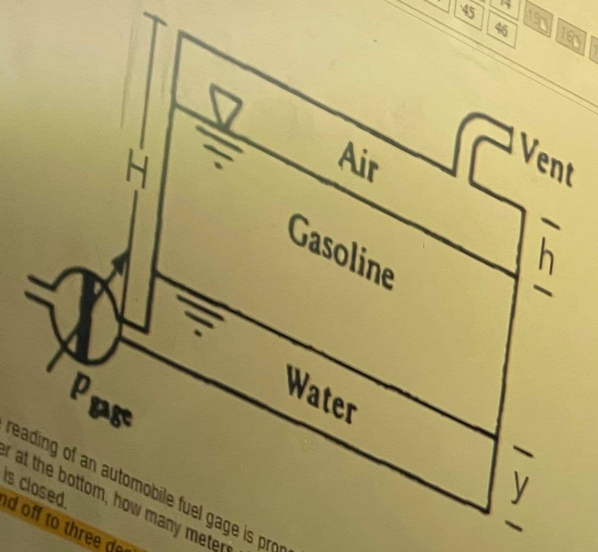 45
46
Vent
Air
h
Gasoline
Water
reading of an automobile fuel gage is pron
er at the bottom, how many meten
is closed.
nd off to three den
1>
