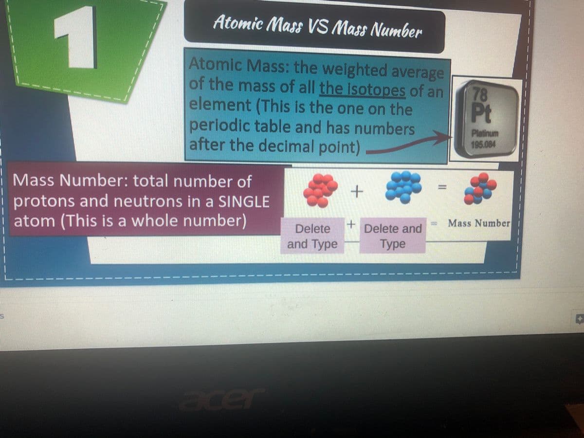 Atomic Mass VS Mass Number
Atomic Mass: the weighted average
of the mass of all the isotopes of an
78
element (This is the one on the
Pt
periodic table and has numbers
Platinum
195.084
after the decimal point)
I Mass Number: total number of
protons and neutrons in a SINGLE
i atom (This is a whole number)
Mass Number
Delete
+ Delete and
and Type
Туре
acer
