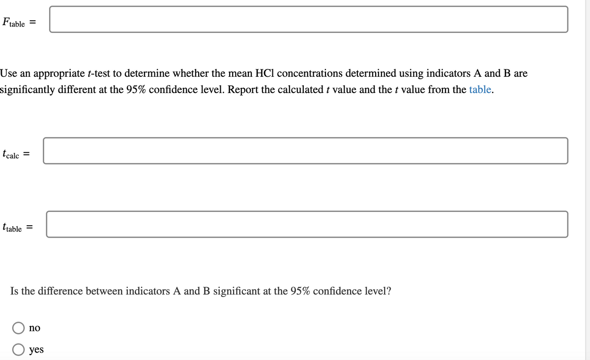 Ftable =
Use an appropriate t-test to determine whether the mean HCl concentrations determined using indicators A and B are
significantly different at the 95% confidence level. Report the calculated t value and the t value from the table.
tcalc =
ttable
=
Is the difference between indicators A and B significant at the 95% confidence level?
no
yes