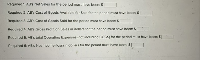 Required 1: AB's Net Sales for the period must have been: $
Required 2: AB's Cost of Goods Available for Sale for the period must have been: $
Required 3: AB's Cost of Goods Sold for the period must have been: $
Required 4: AB's Gross Profit on Sales in dollars for the period must have been: $1
Required 5: AB's total Operating Expenses (not including COGS) for the period must have been: $
Required 6: AB's Net Income (loss) in dollars for the period must have been: $