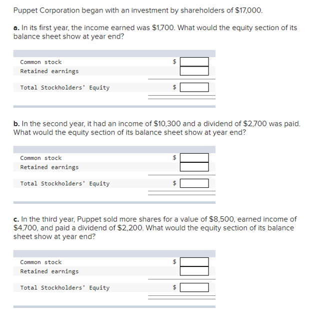 Puppet Corporation began with an investment by shareholders of $17,000.
a. In its first year, the income earned was $1,700. What would the equity section of its
balance sheet show at year end?
Common stock
Retained earnings
Total Stockholders' Equity
b. In the second year, it had an income of $10,300 and a dividend of $2,700 was paid.
What would the equity section of its balance sheet show at year end?
Common stock
Retained earnings
Total Stockholders' Equity
34
c. In the third year, Puppet sold more shares for a value of $8,500, earned income of
$4,700, and paid a dividend of $2,200. What would the equity section of its balance
sheet show at year end?
Common stock
Retained earnings
Total Stockholders' Equity