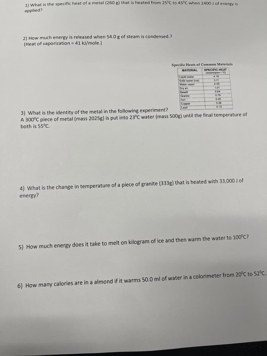 11 What is the specific heat of a metal (260 g) that is heated from 25°C to 45°C when 2400 J of energy is
applied?
2) How much energy is released when 54.0 g of steam is condensed.?
(Heat of vaporization = 41 kJ/mole.)
Specific Heats of Common Materials
MATERIAL
SPECIFIC HEAT
(Joules/gram "C)
Liquid water
Solid water ((ce)
Water vapor
Dry air
Basalt
Granite
2.11
2.00
1.01
0,84
0.79
0.45
0.38
0.13
Iron
Copper
Lead
3) What is the identity of the metal in the following experiment?
A 300°C piece of metal (mass 2025g) is put into 23°C water (mass 500g) until the final temperature of
both is 55°C.
4) What is the change in temperature of a piece of granite (333g) that is heated with 33,000 J of
energy?
5) How much energy does it take to melt on kilogram of ice and then warm the water to 100°C?
6) How many calories are in a almond if it warms 50.0 ml of water in a colorimeter from 20°C to 52°C.
