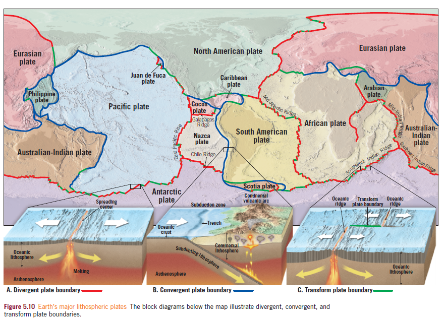 Eurasian plate
North American plate
Eurasian
plate
Juan de Fuca
plate
Caribbean
plate
Arabian
plate
Mid-Atlantic Rides
Philippine
plate
Сосоs
plate
Galabagos
Pacific plate
African plate
Australian-
Indian
plate
Ridge
Nazca
plate
South American
plate
Southeast Indian Rid
Australian-Indian plate
Chile Ridge
Souttwest indian Ridge
Scotia plate
Antarctic,
plate
Continental
volcanic arc
Oceanic
Transform
Oceanic
ridge plate boundary ridge
Spreading
center
Subduction zone
Trench
Oceanic
crust
Continental
lithosphere
subducting lithos phere
Oceanic
Iithosphere
Oceanic
Iithosphere
Melting
Asthenosphere
Asthenosphere
B. Convergent plate boundary
C. Transform plate boundary-
A. Divergent plate boundary -
Figure 5.10 Earth's major lithospheric plates The block diagrams below the map illustrate divergent, convergent, and
transform plate boundaries.
Mid-Ind
ndian Riage
asta
East Pacific
