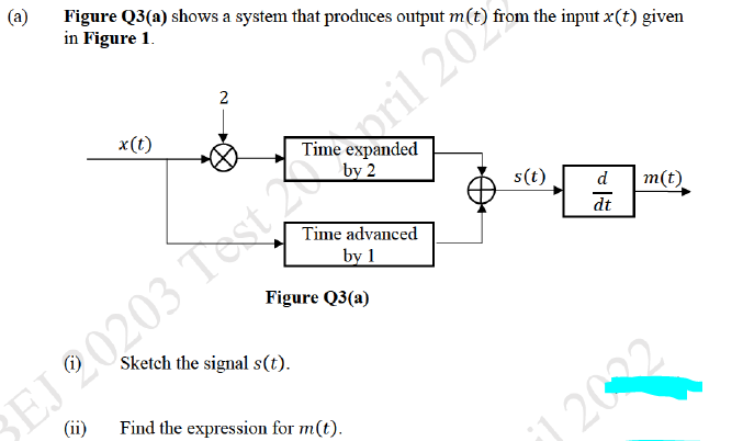 (a)
Figure Q3(a) shows a system that produces output m(t) from the input x(t) given
in Figure 1.
BEJ 20203 TOt oril 202
) 2002
2
x(t)
by 2
s(t)
d m(t)
dt
Time advanced
by 1
Figure Q3(a)
Sketch the signal s(t).
(ii)
Find the expression for m(t).
