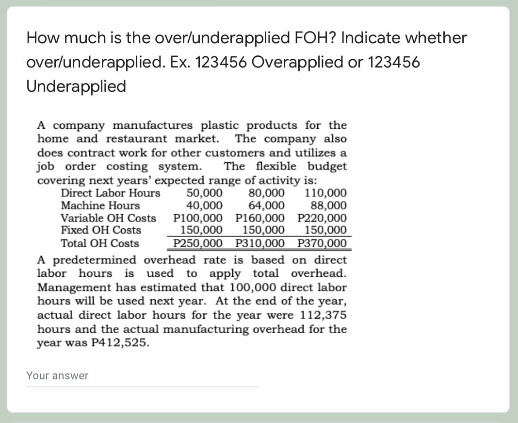 How much is the over/underapplied FOH? Indicate whether
over/underapplied. Ex. 123456 Overapplied or 123456
Underapplied
A company manufactures plastic products for the
home and restaurant market.
The company also
does contract work for other customers and utilizes a
job order costing system.
The flexible budget
covering next years' expected range of activity is:
110,000
88,000
P100,000 P160,000 P220,000
150,000
P250,000 P310,000 P370,000
A predetermined overhead rate is based on direct
to apply total overhead.
Management has estimated that 100,000 direct labor
hours will be used next year. At the end of the year,
actual direct labor hours for the year were 112,375
hours and the actual manufacturing overhead for the
50,000
40,000
Direct Labor Hours
80,000
64,000
Machine Hours
Variable OH Costs
Fixed OH Costs
150,000
150,000
Total OH Costs
labor hours is used
year was P412,525.
Your answer
