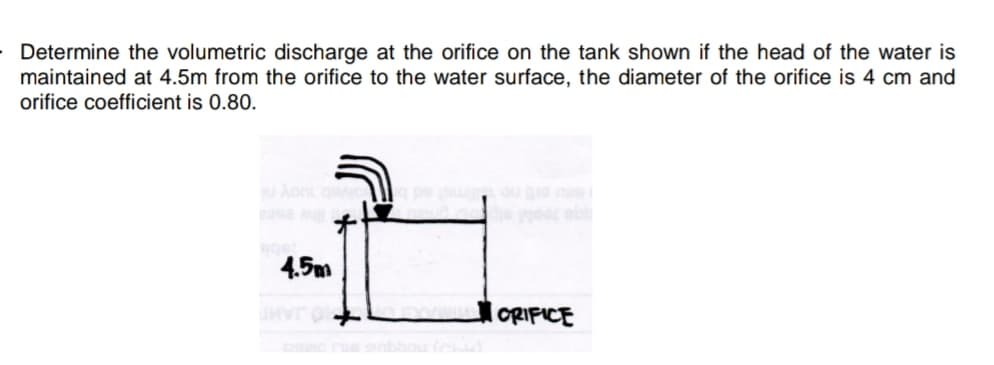 • Determine the volumetric discharge at the orifice on the tank shown if the head of the water is
maintained at 4.5m from the orifice to the water surface, the diameter of the orifice is 4 cm and
orifice coefficient is 0.80.
Aont gav
We ab
4.5m
ORIFICE
10 JAHE
