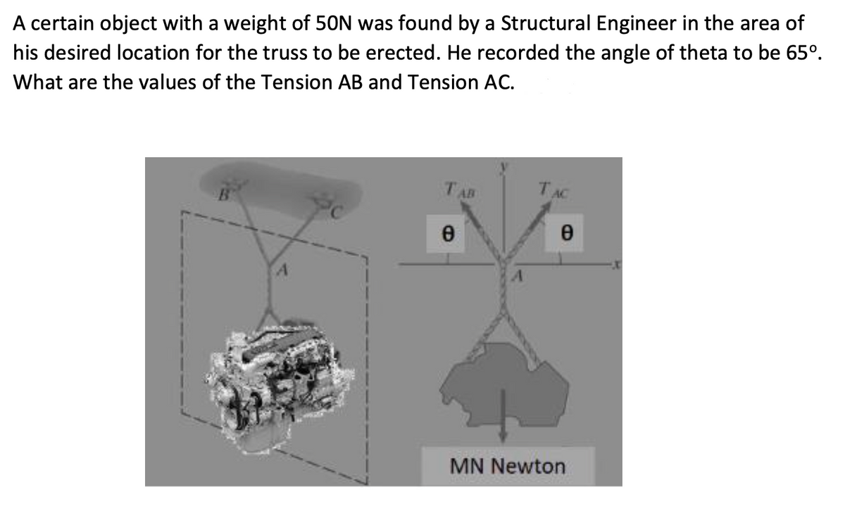 A certain object with a weight of 50N was found by a Structural Engineer in the area of
his desired location for the truss to be erected. He recorded the angle of theta to be 65°.
What are the values of the Tension AB and Tension AC.
TAC
TAB
MN Newton
