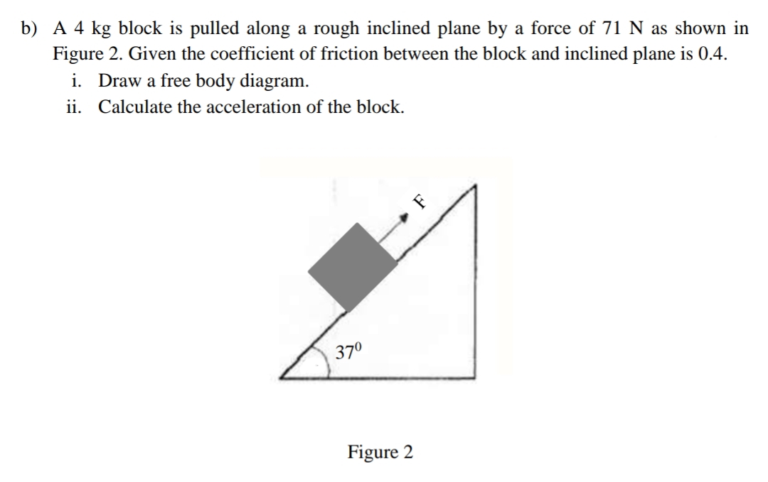 b) A 4 kg block is pulled along a rough inclined plane by a force of 71 N as shown in
Figure 2. Given the coefficient of friction between the block and inclined plane is 0.4.
i. Draw a free body diagram.
ii. Calculate the acceleration of the block.
37⁰
Figure 2