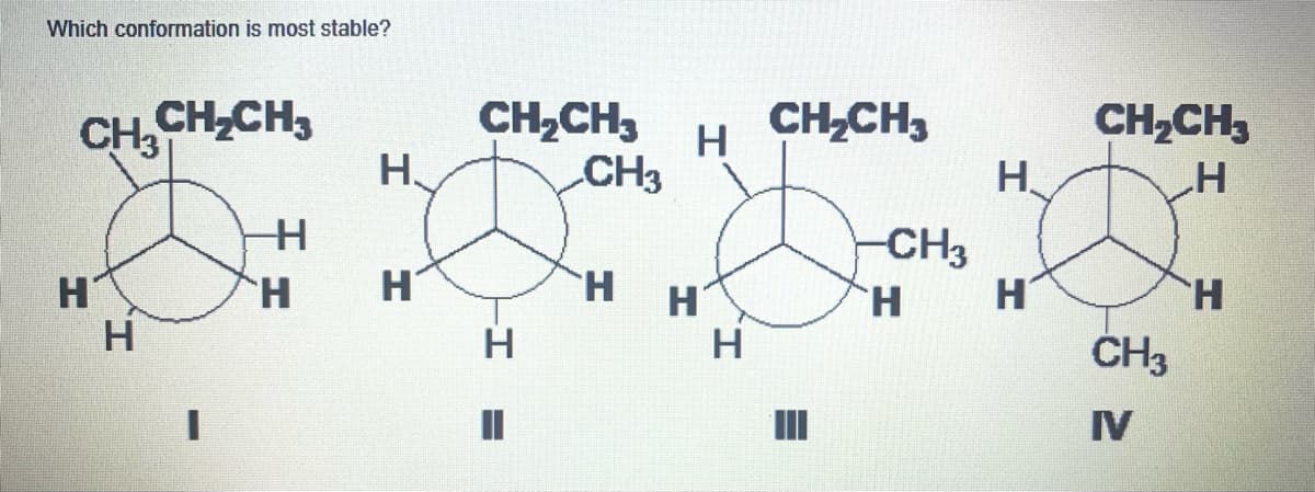 Which conformation is most stable?
CH CH3
CH,CH,
CH,CH3
CH,CH,
H.
CH
H
H.
CH3
CH3
H.
H.
H
H
H
TH.
H.
H
ČH3
II
IV
