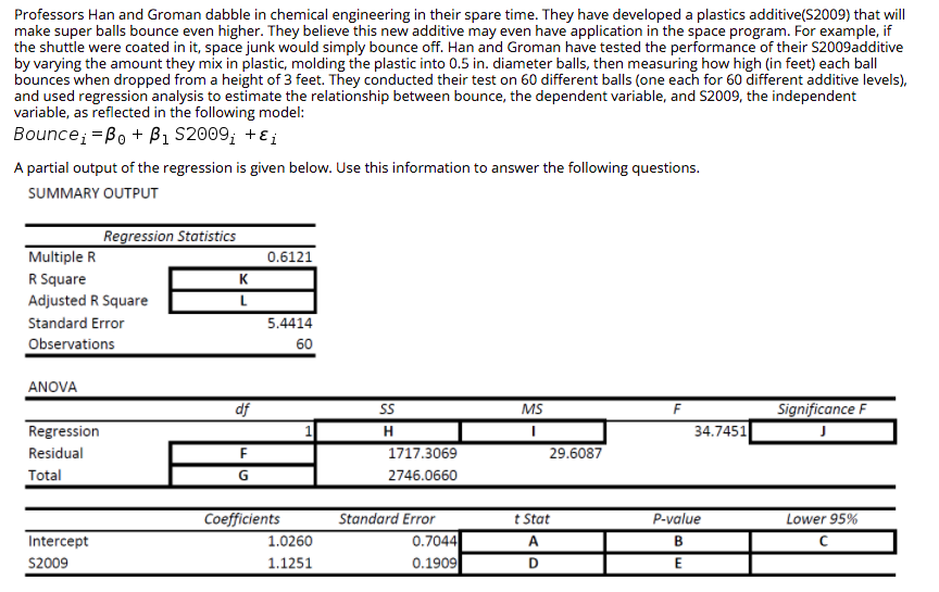 Professors Han and Groman dabble in chemical engineering in their spare time. They have developed a plastics additive(S2009) that will
make super balls bounce even higher. They believe this new additive may even have application in the space program. For example, if
the shuttle were coated in it, space junk would simply bounce off. Han and Groman have tested the performance of their S2009additive
by varying the amount they mix in plastic, molding the plastic into 0.5 in. diameter balls, then measuring how high (in feet) each ball
bounces when dropped from a height of 3 feet. They conducted their test on 60 different balls (one each for 60 different additive levels),
and used regression analysis to estimate the relationship between bounce, the dependent variable, and S2009, the independent
variable, as reflected in the following model:
Bounce; =Bo + B1 S2009; +ɛ;
A partial output of the regression is given below. Use this information to answer the following questions.
SUMMARY OUTPUT
Regression Statistics
Multiple R
0.6121
R Square
K
Adjusted R Square
Standard Error
5.4414
Observations
60
ANOVA
df
SS
MS
F
Significance F
Regression
34.7451
Residual
1717.3069
29.6087
Total
2746.0660
Coefficients
Standard Error
t Stat
P-value
Lower 95%
0.7044
0.1909
Intercept
1.0260
A
B
S2009
1.1251
D
E
