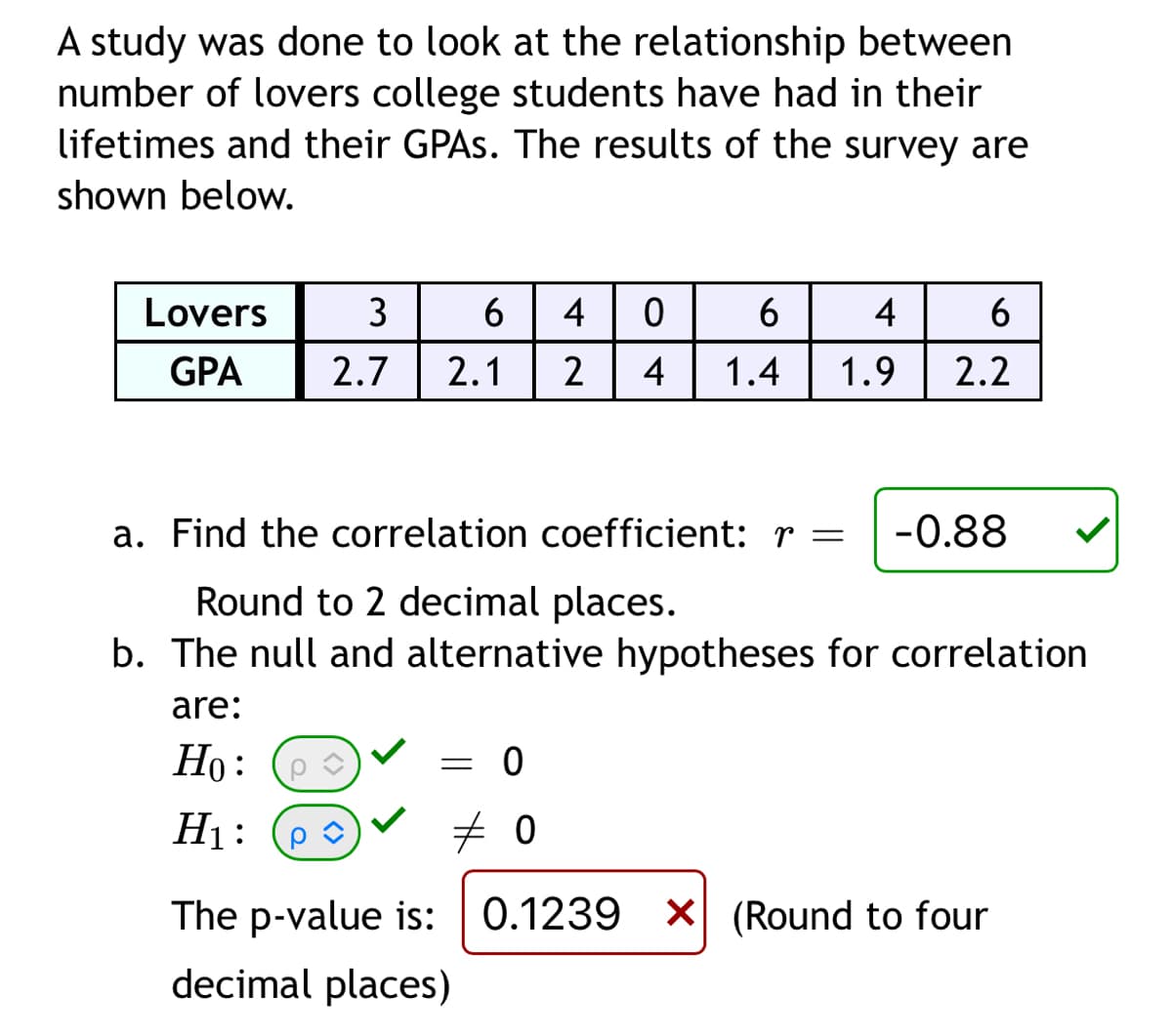 A study was done to look at the relationship between
number of lovers college students have had in their
lifetimes and their GPAs. The results of the survey are
shown below.
Lovers
GPA
3
2.7 2.1 2
6 4 0
6
4 1.4
= 0
#0
4
1.9
a. Find the correlation coefficient: r = -0.88
Round to 2 decimal places.
b. The null and alternative hypotheses for correlation
are:
Ho:
H₁:
6
2.2
The p-value is: 0.1239 X (Round to four
decimal places)