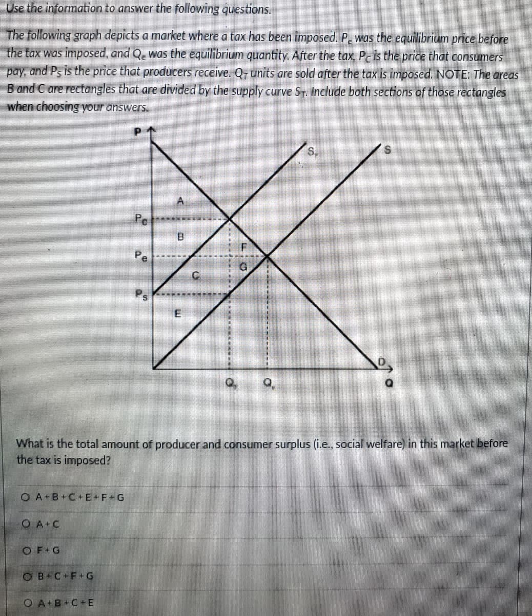 Use the information to answer the following questions.
The following graph depicts a market where a tax has been imposed. P. was the equilibrium price before
the tax was imposed, and Q. was the equilibrium quantity. After the tax, Pe is the price that consumers
pay, and Ps is the price that producers receive. Qr units are sold after the tax is imposed. NOTE: The areas
B and C are rectangles that are divided by the supply curve ST. Include both sections of those rectangles
when choosing your answers.
S.
Pc
B.
C.
D.
What is the total amount of producer and consumer surplus (ie. social welfare) in this market before
the tax is imposed?
O A+B+C+E F+G
O A+C
O F+G
O B+C+F+G
OA B+C+E
