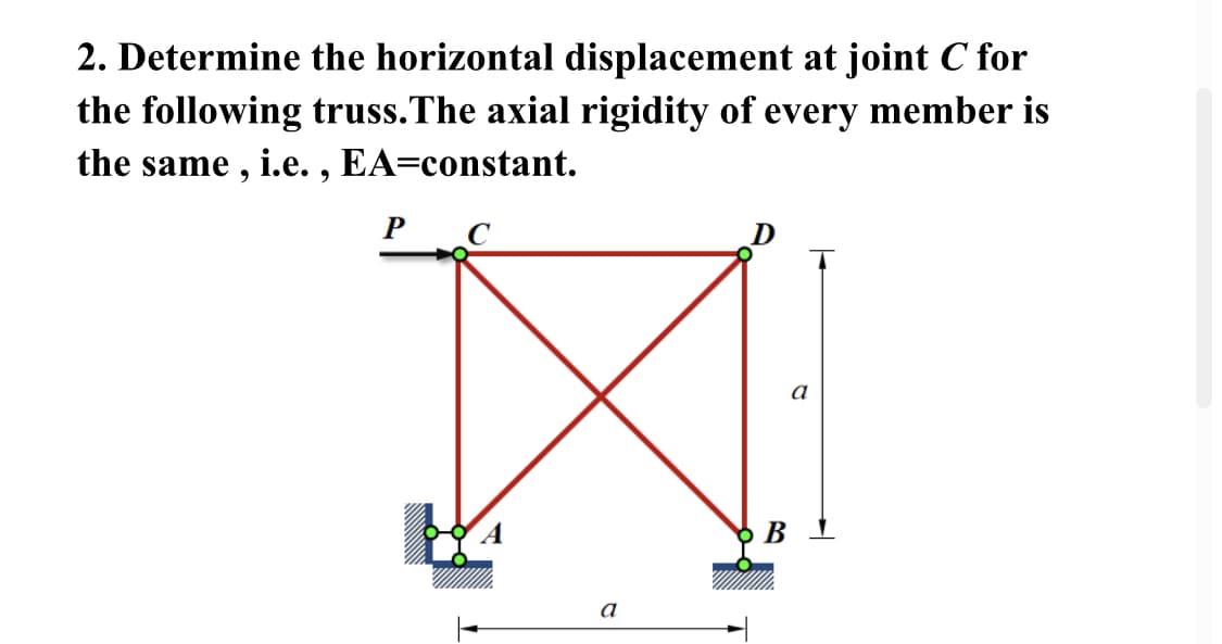 2. Determine the horizontal displacement at joint C for
the following truss.The axial rigidity of every member is
the same , i.e. , EA=constant.
P C
В
