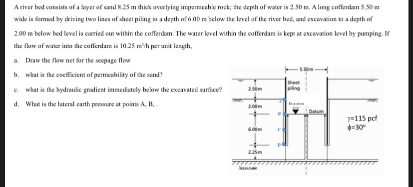 A river bed consists of a layer of sand 8.25 m thick overlying impermeable rock; the depth of water is 2.50 m. A long cofferdam 5.50 m
wide is formed by driving two lines of sheet piling to a depth of 6.00 m below the level of the river bed, and excavation to a depth of
2.00 m below bed level is carried out within the cofferdam. The water level within the cofferdam is kept at excavation level by pumping. If
the flow of water into the cofferdam is 10.25 m/h per unit length,
a. Draw the flow net for the seepage flow
5.50m
b. what is the coefficient of permeability of the sand?
Sheet
piling
c. what is the hydraulic gradient immediately below the excavated surface?
d. What is the lateral earth pressure at points A, B, .
2.50m
Escavtin
2.00m
vel
Datum
y=115 pcf
p=30°
6.00m
2.25m
