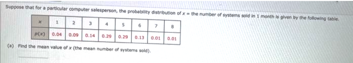 Suppose that for a particular computer salesperson, the probability distribution of x = the number of systems sold in 1 month is given by the following table.
6 7
23 4
0.14 0.29 0.29
P(x) 0.04 0.09
(a) Find the mean value of x (the mean number of systems sold).
1
5
0.13
0.01
8
0.01