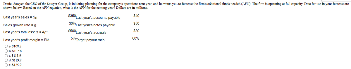 Daniel Sawyer, the CEO of the Sawyer Group, is initiating planning for the company's operations next year, and he wants you to forecast the firm's additional funds needed (AFN). The firm is operating at full capacity. Data for use in your forecast are
shown below. Based on the AFN equation, what is the AFN for the coming year? Dollars are in millions.
$40
$50
$30
60%
Last year's sales = So
Sales growth rate = g
Last year's total assets = Aq*
Last year's profit margin = PM
O a. $108.2
O b. $102.8
O c. $113.9
O d. $119.9
O e. $125.9
$350 Last year's accounts payable
30% Last year's notes payable
$500 Last year's accruals
5% Target payout ratio