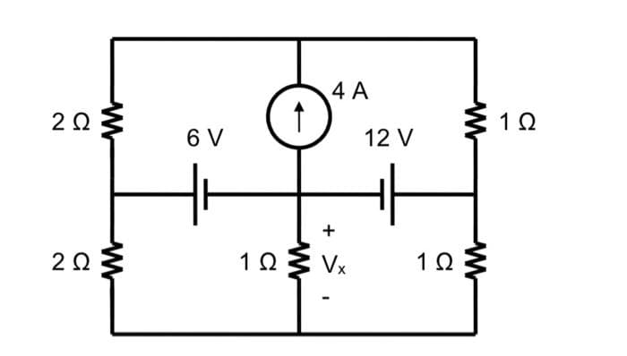 2ΩΣ
2 Ω
2 Ω
WW
6V
1Ω
1
M
4A
Vx
-
12 V
1Ω
W
Μ
1Ω