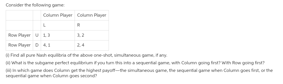 Consider the following game:
Column Player Column Player
L
Row Player U 1,3
Row Player D 4,1
R
3, 2
2,4
(i) Find all pure Nash equilibria of the above one-shot, simultaneous game, if any.
(ii) What is the subgame perfect equilibrium if you turn this into a sequential game, with Column going first? With Row going first?
(iii) In which game does Column get the highest payoff-the simultaneous game, the sequential game when Column goes first, or the
sequential game when Column goes second?