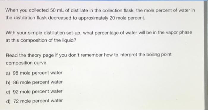 When you collected 50 mL of distillate in the collection flask, the mole percent of water in
the distillation flask decreased to approximately 20 mole percent.
With your simple distillation set-up, what percentage of water will be in the vapor phase
at this composition of the liquid?
Read the theory page if you don't remember how to interpret the boiling point
composition curve.
a) 98 mole percent water
b) 86 mole percent water
c) 92 mole percent water
d) 72 mole percent water
