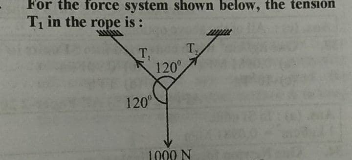 For the force system shown below, the tensioOn
T1 in the rope is :
T,
T
120°
120°
1000 N
