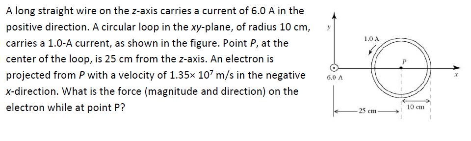 A long straight wire on the z-axis carries a current of 6.0 A in the
positive direction. A circular loop in the xy-plane, of radius 10 cm,
carries a 1.0-A current, as shown in the figure. Point P, at the
center of the loop, is 25 cm from the z-axis. An electron is
projected from P with a velocity of 1.35× 107 m/s in the negative
x-direction. What is the force (magnitude and direction) on the
electron while at point P?
6.0 A
1.0 A
O
10 cm
25 cm-