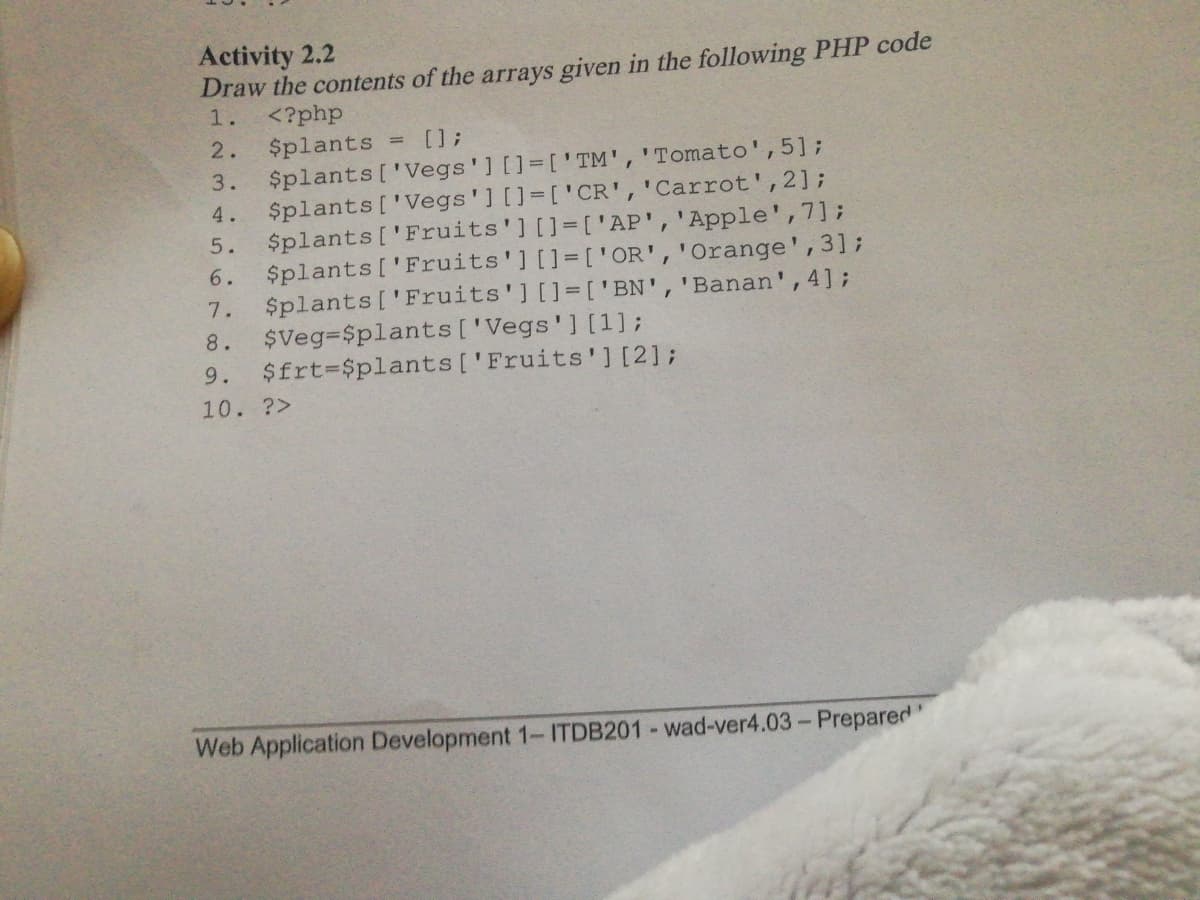 Activity 2.2
Draw the contents of the arrays given in the following PHP code
1.
<?php
2.
= [];
$plants
$plants ['Vegs'] []=[' TM','Tomato',5];
$plants['Vegs'] []=['CR','Carrot',2];
$plants['Fruits'] []=['AP','Apple',7];
$plants['Fruits'] []=['OR','Orange', 3];
$plants ['Fruits'] []=[' BN','Banan',4];
$Veg=$plants['Vegs'] [1];
$frt=$plants['Fruits'] [2];
3.
4.
5.
6.
7.
8.
9.
10. ?>
Web Application Development 1-ITDB201 - wad-ver4.03- Prepared
